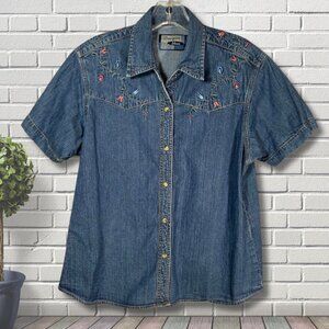 Wrangler Blues Vintage Shirt Womens L Denim Chambray Pearl Snap Embroidered 90s